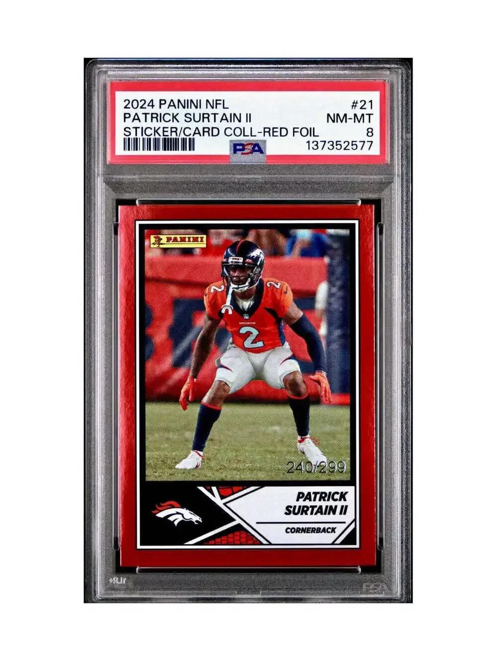Patrick Surtain II Rookie 2024 Panini Sticker 240/299 #21 Red Foil PSA 8 NM-MT